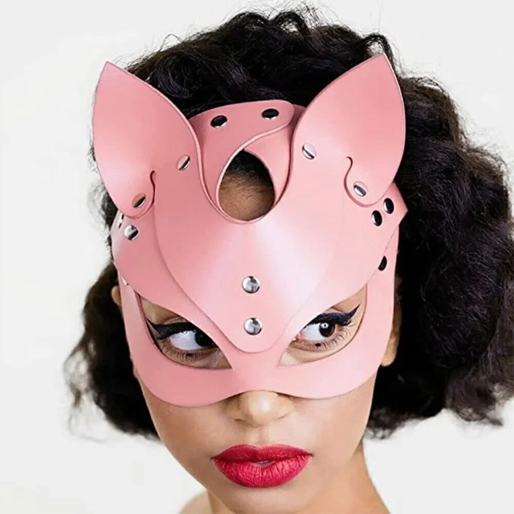 𝅺PINK Leather Kitty Cat Masquerade Face Mask Slave Bondage BDSM Costume Cosplay